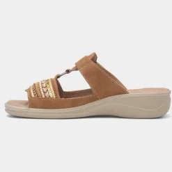 Gemma Womens Camel T-Bar Mule Sandal*Cushion Walk Fashion