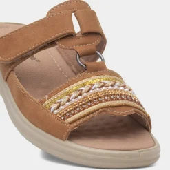 Gemma Womens Camel T-Bar Mule Sandal*Cushion Walk Fashion