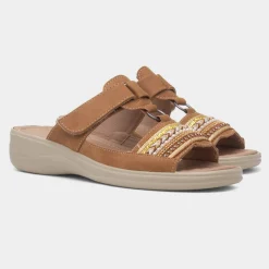 Gemma Womens Camel T-Bar Mule Sandal*Cushion Walk Fashion