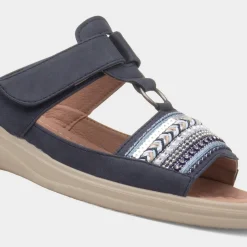 Gemma Womens Navy T-Bar Mule Sandal*Cushion Walk Best