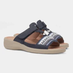 Gemma Womens Navy T-Bar Mule Sandal*Cushion Walk Best