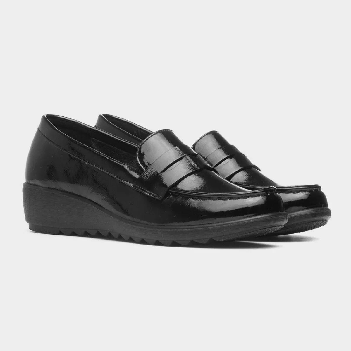 Sally Womens Black Patent Wedge Shoe*Cushion Walk Fashion