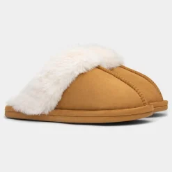 Womens Chestnut Faux Fur Lined Mule Slipper*Krush Online