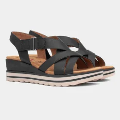 Stephanie Womens Black Wedge Strappy Sandal*Relife Outlet