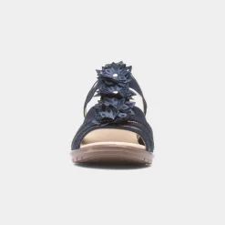 Sindy Womens Navy Wedge Flower Sandal*Softlites Fashion