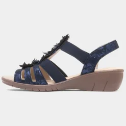 Sindy Womens Navy Wedge Flower Sandal*Softlites Fashion