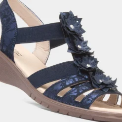 Sindy Womens Navy Wedge Flower Sandal*Softlites Fashion