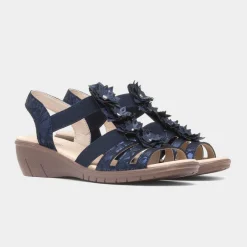 Sindy Womens Navy Wedge Flower Sandal*Softlites Fashion