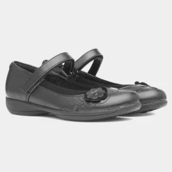 Cassidy Girls Black Flower School Shoe*Walkright Outlet